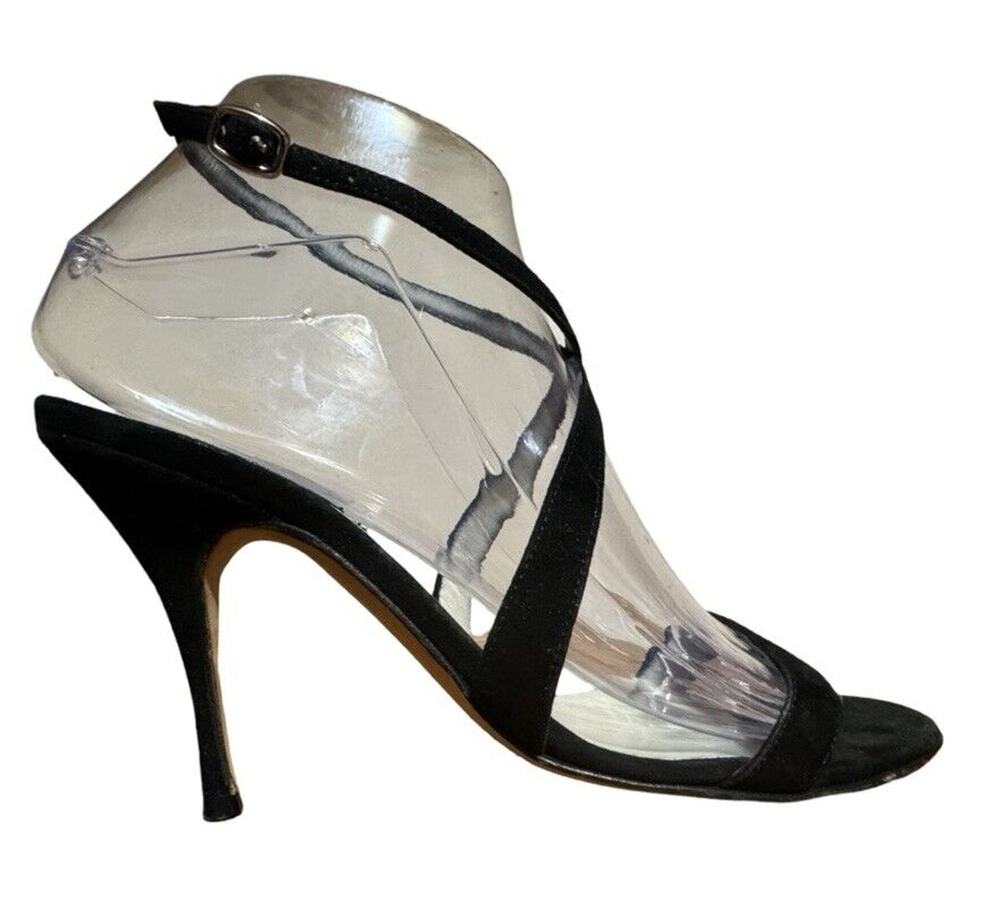 Brian Atwood Black Suede Strappy Healed Sandals Sz 6, Heel 4”